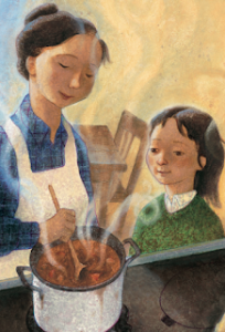 Picture of a mother and her daughter standing next to a stove. The mother is stirring a pot of soup while the young girl looks on.